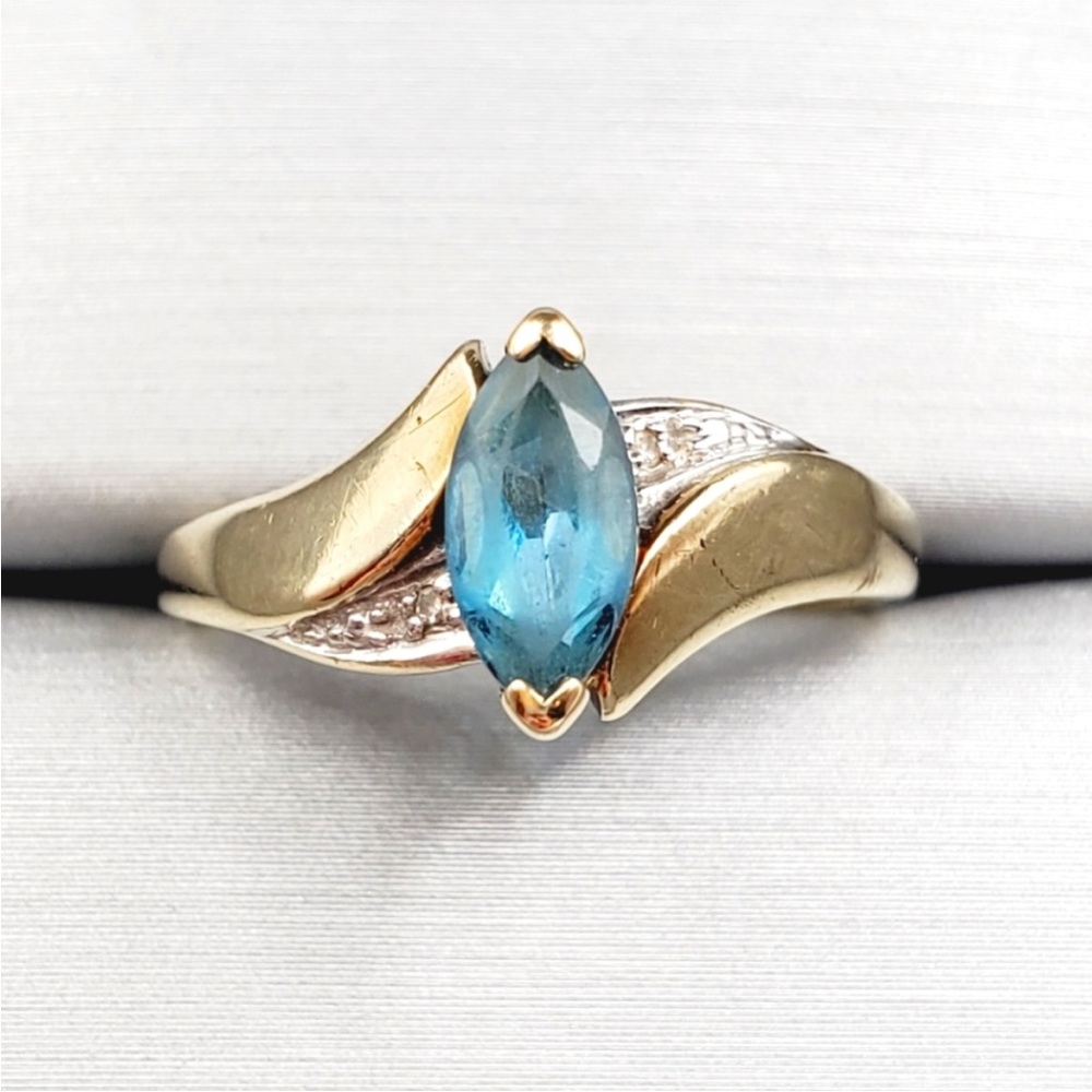 10k Solid Yellow Gold Marquise Shaped Blue Topaz & Diamond Accent Ring